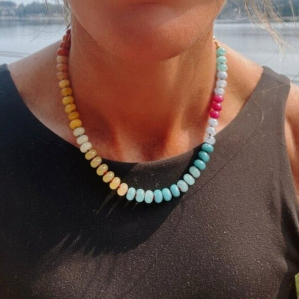 Rainbow Crystal Beaded Necklace 18K Gold Toggle Waterproof Boho Layering Jewelry - Picture 7 of 16